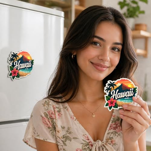 Image of Naxon Hawaii Beach Island Theme Souvenir Wooden Fridge Magnet | Tropical Palm Trees, Ocean Waves & Sunset Design 3x3 Inch Refrigerator Magnet for Kitchen | Travel Gift from Hawaii | Pack of 1