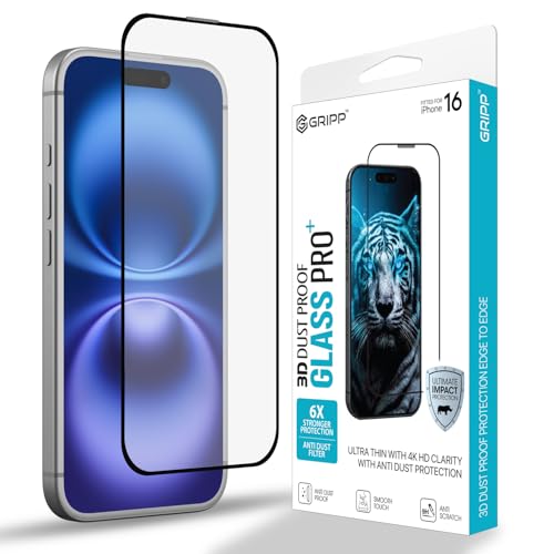 Image of GRIPP Dust-Proof 3D Japanese Tempered Glass Screen Protector for iPhone 16 (6.1 inch), Speaker Dust Guard, 3D Curved Edges, Scratch-Resistant, 9H Hardness, Bubble Free