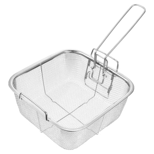Riavzau Stainless Steel Deep Fry Basket, 9.5inch Square Wire Fryer Basket for Frying Serving Food, French Chip Frying Basket with Folding Handle for Kitchen Frying (9.5Inch/Square)