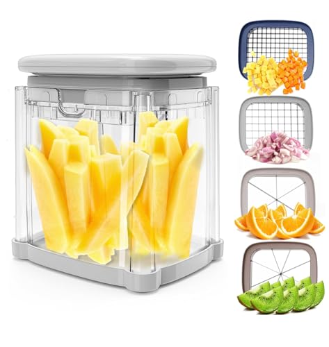French Fry Cutter 4-in-1, Potato Cutter for Fries, Onion Dicer, Food Chopper & Apple Slicer – Manual Hand Vegetable Cutter with 4 Blades