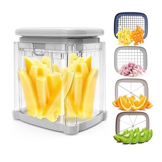 French Fry Cutter 4-in-1 – Potato Cutter for Fries, Onion Dicer, Food Chopper & Apple Slicer – Manual Hand Vegetable Cutter with 4 Blades