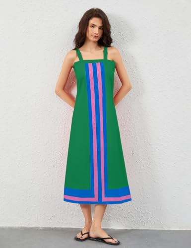 Image of calbatic Women Color Block Sleeveless Striped Maxi Dress Square Neck Backless Casual Flowy Summer Dress Small Green