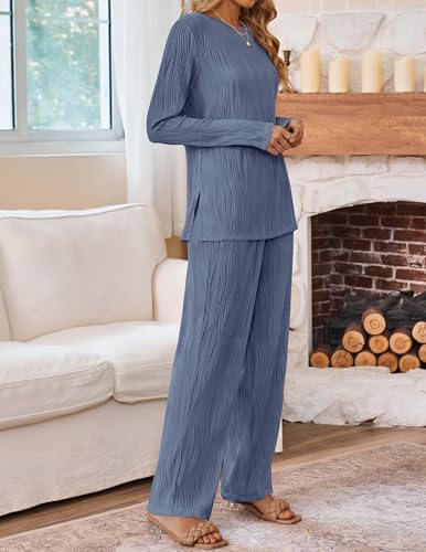 HAEOF Women's Fall 2 Piece Textured Sets Trendy Loungewear Soft Long Sleeve Tunic Tops Wide Leg Pants Matching Pajama Set4