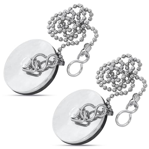 2PC Chrome Sink Plug with Chain for Bath or Kitchen - 45mm (1.3/4 Inch) with Ball Type and S Hook Shaped Chain Made of Stainless Steel 450mm (18 Inch)