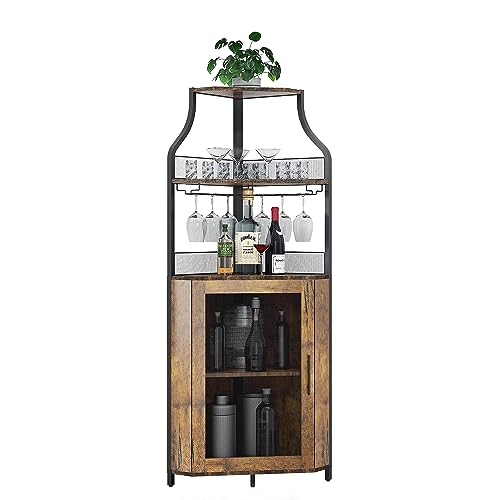 GarveeMore Armario de Vino Esquinero, Mueble Bar Industrial de 5 Niveles con Botellero y Porta Copas, Estantería para Vinos con Puerta de Malla para Salón y Comedor, Marrón Retro