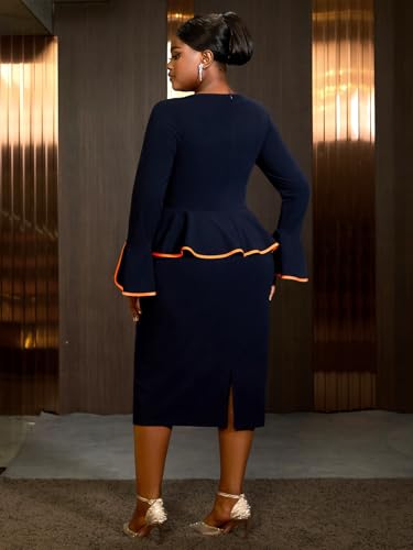 AOMEI Women's Navy Colorblock Boat Neck Long Flared Sleeve Peplum Bodycon Midi Business Dress3