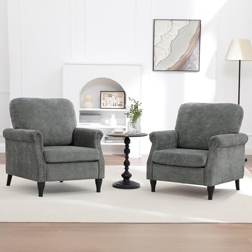 Image of Accent Chair Set of 2 for Living Room Modern Mid Century Reading Chair Armchair High Back Upholstered Armchair with Wooden Legs for Living Room Bedroom Office LIGHTGREY