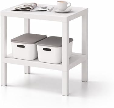 sugodesign OMBEG 2-Tier Multipurpose Side Table Bedside Table Rectangular Waterproof Plastic Load Capacity 10 kg per Shelf for Bathroom Kitchen Balcony Bedroom (White)