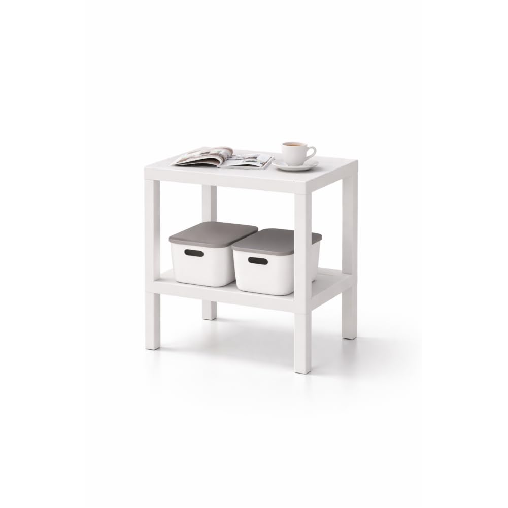 sugodesign OMBEG Tavolino multiuso a 2 ripiani, comodino, rettangolare, in plastica impermeabile, portata 10 kg per ripiano, per bagno, cucina, balcone, camera da letto (bianco)