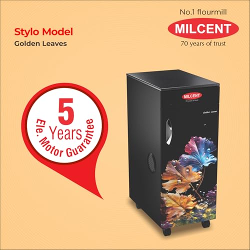 Image of Milcent Stylo Automatic Flour Mill | 1 HP ISI Motor | Stainless Steel Container | Child Safety Lock | 5 Year Motor Warranty | Domestic Atta Chakki for Home Use (Golden Leaves)