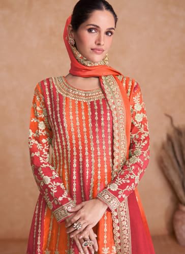 Image of Miss Ethnik Dual Tone Strip Chinon Heavy Embroidered Stitched Sharara Suit Set With Dupatta (ME-1129)