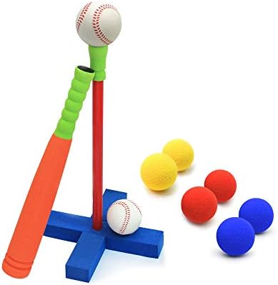 CeleMoon 16.5 inch Foam T Ball Kids Baseball Softball Bat Set Batting Tee, 8 Colored Balls Included + Carry Bag, for Toddler 3 Years Indoor Outdoor Sport Playing Toys