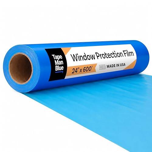 TapeManBlue Window Protection Film, 24 inch x 600 feet, Made in The USA, Strongest and Most Durable Window Protection Film for Construction, Blue Self-Adhesive Temporary Glass Protection Tape