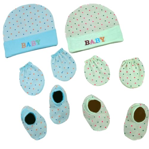 Image of BRANDONN Newborn Baby's Cotton Cap Mitten Bootie Set 0-6 Months, Pack of 2 (0-6 Months)