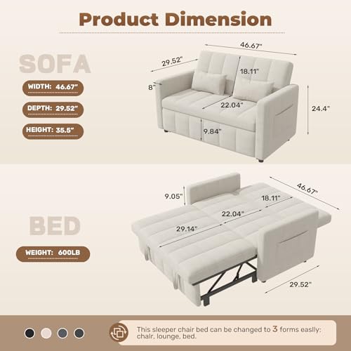 Image of Nebuaegis Sleeper Sofa Bed,3-in-1 Convertible Pull Out Couch with Adjustable Backrest for Living Room,Loveseat Sofa Bed with Side Pockets,Easy Assembly,Beige,1 PCS