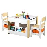 Kinder King Kids Wood Table & 2 Chairs Set, 4 in 1 Children Activity Table w/Double Bookcase, Blackboard, Toddler Furniture Set for Art, Crafts, Drawing, Reading, Playroom, Natural