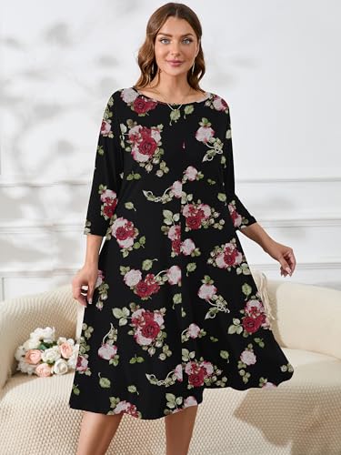 Image of AusLook Women's Plus Midi Dresses Crew Neck A Line 3 /4 Sleeves Casual Elegant Loose Wedding Vacation Dress with Pockets