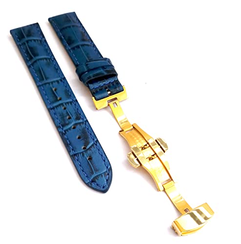 Image of 18mm 19mm 20mm 21mm 22mm 23mm 24mm Genuine Leather Butterfly Deployment Clasp Buckle Watch Band Strap Black Dark Brown TAN Blue Rose Black Gold White
