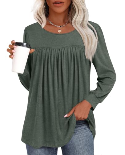 Womens 2025 Casual Tunic Tops Fall Long Sleeve Blouse Warm Pleated Flowy Crewneck Tshirt For Legging