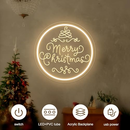 Image of Merry Christmas Neon Sign Dimmable Merry Christmas LED Light Sign for Holiday Party Home Bar Decoration, USB Powerd Neon Light for Wall Decor Festival Celebration -30 * 30