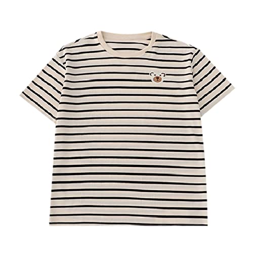 Vintage Striped T-Shirt Girls Cartoon Graphic Cute Tops Crew Neck Basic Short Sleeve Loose Fit Tee Shirts