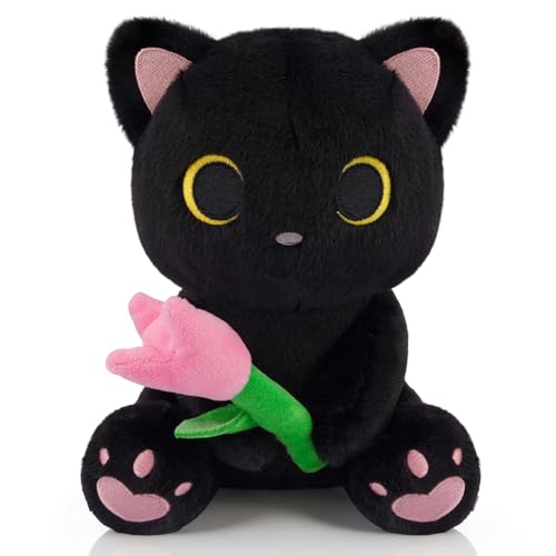 Image of Black Cat Plush Holding Pink Tulip - 8 inch Kawaii Stuffed Cat with Flower, Soft Cute Plush Toy for Mom, Cute Stuffed Animals for Girls & Kitten Lovers