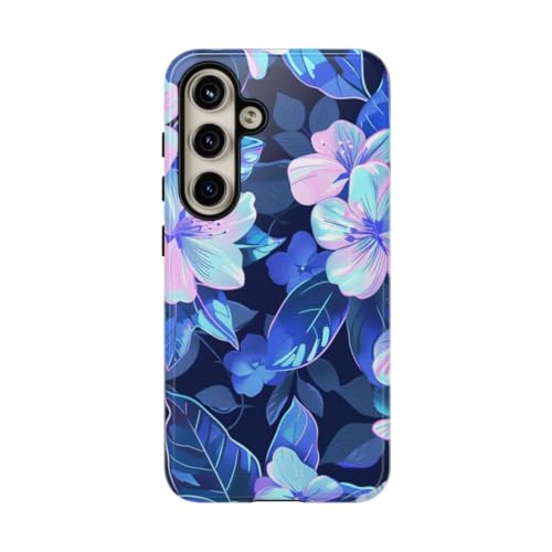Coque Samsung S24 motif floral bleu rose rigide et brillante pour smartphone
