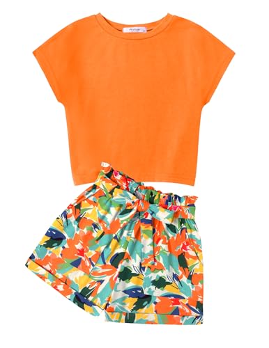 Image of Arshiner Girls 2 Piece Outfit Summer Drop Shoulder Batwing Sleeve Tops and Paperbag Waist Shorts Set Cute Clothing Size 6-14