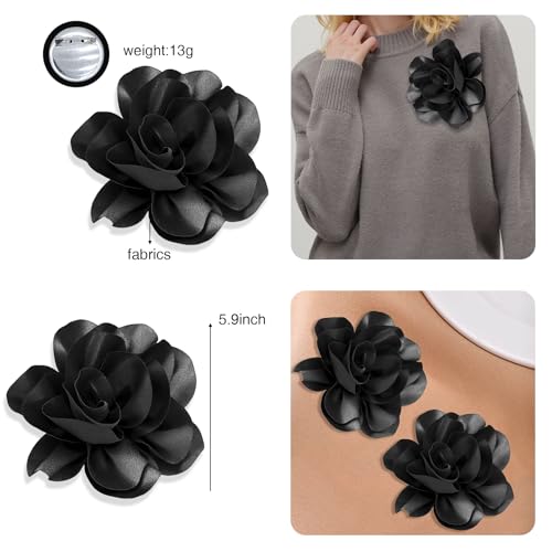 Image of 2Pack 6inch Extra Large Satin Brooches Lapel Pins Dainty Elegant Fabric Camellia Rose Flower Brooch Pin for Women Wedding Part Dance Clothes Accessories Jewelry