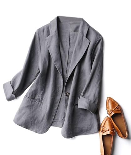 SOMTHRON Women's Casual Linen Blazer 3/4 Sleeve One Button Lapel Lightweight Work Office Dressy Suit Jacket4