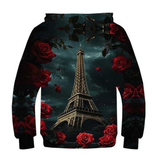 Sweat à capuche pour enfants 13-15Y : pull graphique Tour Eiffel rose effet 3D ultra doux - 2