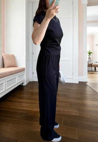 Image of Women's 2 Piece Outfits Casual Summer Cap Sleeve Ribbed Pant Sets Tracksuit