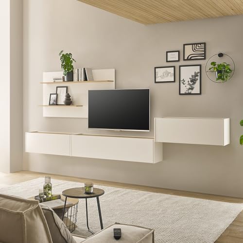 Lomadox Wohnwand mit Homeoffice-Lösung weiß mit Eiche 4-teilig modern, 1 Wandpaneel mit Beleuchtung, 1 TV-Hängeschrank, 1 Hängeschrank, 1 Hängesekretär – Bild 3