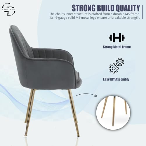 Image of Velvet Accent Chair with Matching Pouffe & Floral Cushion | Modern Upholstered Armchair with Gold Metal Legs | Lounge Chair for Living Room, Bedroom, Office, Guest Room (Dark Grey)