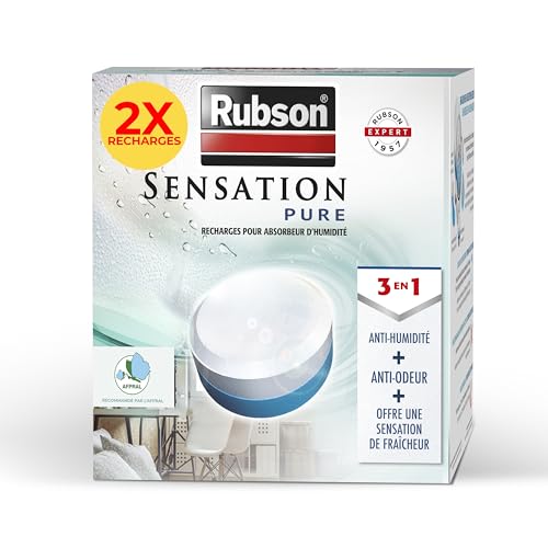 Rubson - Recharges Universelles Absorbeur d'Humidité Sensation Pure Parfum Neutre (2 x 300 g) – Recharges 3 en 1 anti-humidité, anti-odeur et sensation de...