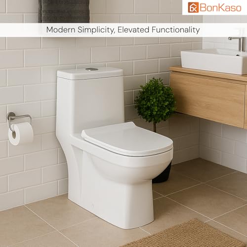 Image of BonKaso Premium Western Floor Mounted Ceramic One Piece Commode (White)| S Trap European Toilet with Soft Close Seat | Square Design Water Closet for Bathroom /Lavatory | Siphonic Vacuum Flush System