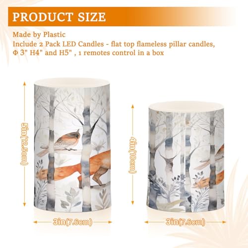 Image of Fox in The Woods Flameless Candles With Remote - Set of 2 Battery Operated Pillar Candles for Home Decoration, Christmas, Party