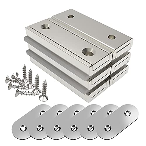 Magnetpro 6 piezas Imanes rectangulares 20 KG Kraft 40 x 13,5 x 5 mm con contrapartes y orificio avellanado, imán en recipiente doméstico e industrial con tornillos