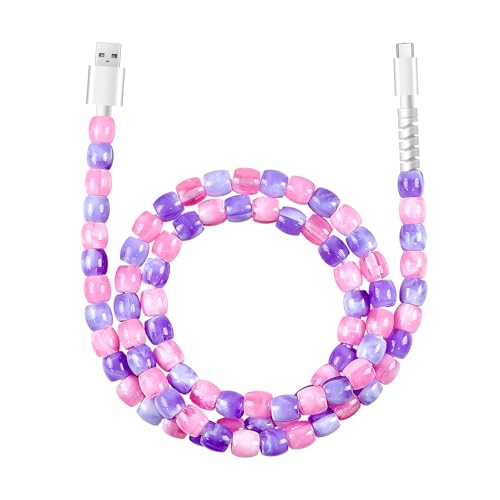 HianDier USB C Cable 3.3FT USB to USB C Charging Cable Stylish Crystal Beads Jade Fast Charger Cord for Girls Women Compatible with iPhone 16 15 Pro Max for Galaxy S25 S24 for iPad-Pink Purple