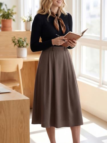 Image of Casly Lamiit A-Line Midi Skirts for Women Business Skirt | Elastic High Waisted, Pleated with Pockets, Work Skirts Casual