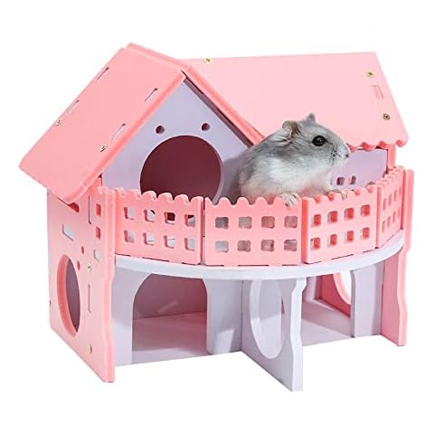 BulzEU- Luxury Wooden Plastic Pink Hamster Castle House Cages for Syrian Hamsters Rat Mouse Small Pets Double-Deck Ladder Colorful Sleeping Bed Playing House Nest (A) Cover