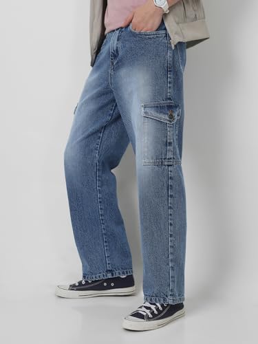 Image of Neostreak Men's Loose Baggy Fit Washed Cargo Jeans with 6 Pockets Non-Stretchable