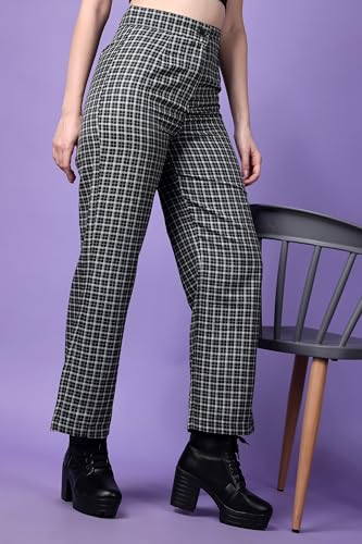 Image of POPWINGS Casual Check Print Button and Zip Closure Trouser for Women | Western Wide-Leg Trouser for Women | Summer Trousers for Women | Comfortable Semi-Formal Work Trouser for Women