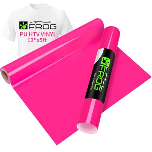 Image of VINYL FROG Hot Pink Heat Transfer Vinyl Roll 12 inch x5ft Matte HTV Vinyl | Neon Pink Iron on Vinyl for T-Shirts, Stretchy & Machine Washable Heat Press Vinyl for DIY Craft Designs