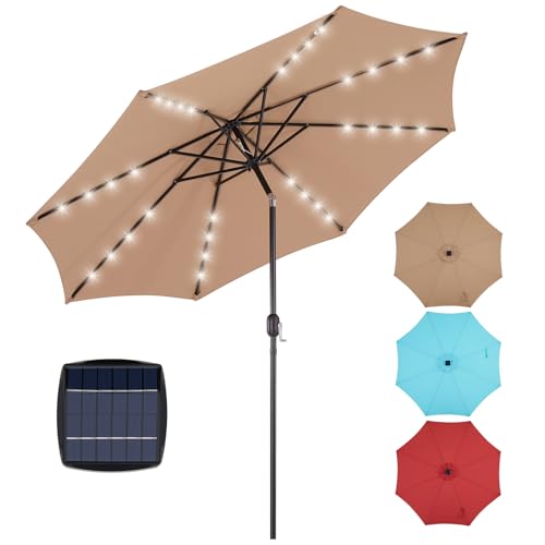 OLIXIS 10FT Solar Patio Umbrella with Lights, Tilt and Crank Button, 8 Sturdy Ribs Waterproof...