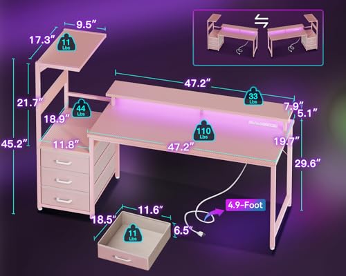 Image of AODK 59 Inch Gaming Desk with USB Charging Ports & LED Light- Reversible Computer Desk with Storage Shelves & Monitor Stand, Modern Gamer Desk Table with Fabric Drawers, Pink