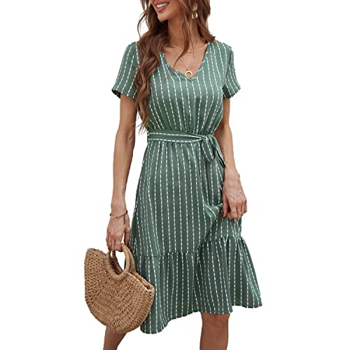 Brovave Women's Summer Short Sleeve V-Neck Striped Dress Tie Waist Casual Work Office Midi Dress(Green,X-Large) #TOP7