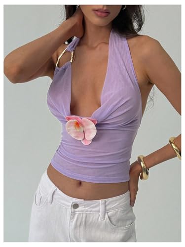 MakeMeChic Women's 3D Floral Crop Tops Mesh Draped Ring Linked Sleeveless Going Out Halter Top3