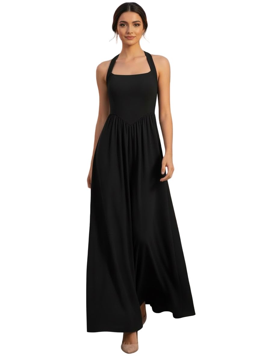 Women Halter Neck Maxi Dress | Sleeveless Fit & Flare Long Dress | Elegant Evening & Occasion Wear-picture-44