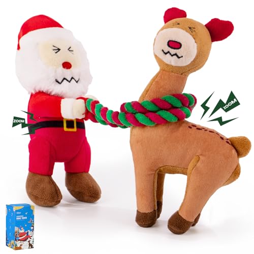 UNISE Christmas Dog Toys - 2 Pack Squeaky Stuffed Toys for Large Medium Small Dogs With Detachable Rope, Crinkle to Keep Them Busy - Santa Claus & Reindeer